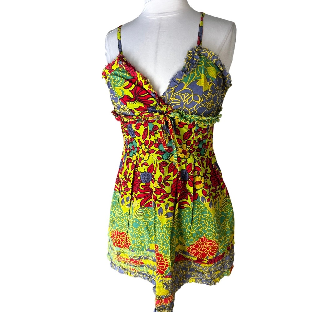 Altamar Floral Sequin Cotton Sun Dress Multi-Color Boho Ruffle Mini Dress M